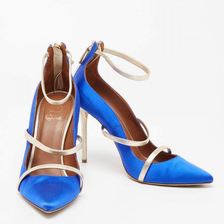 Pre Owned Malone Souliers Royal Blue/Gold Satin and Leather Robyn Ankle-Strap Pumps Size 41