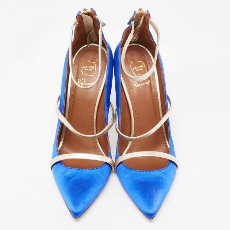 Pre Owned Malone Souliers Royal Blue/Gold Satin and Leather Robyn Ankle-Strap Pumps Size 41