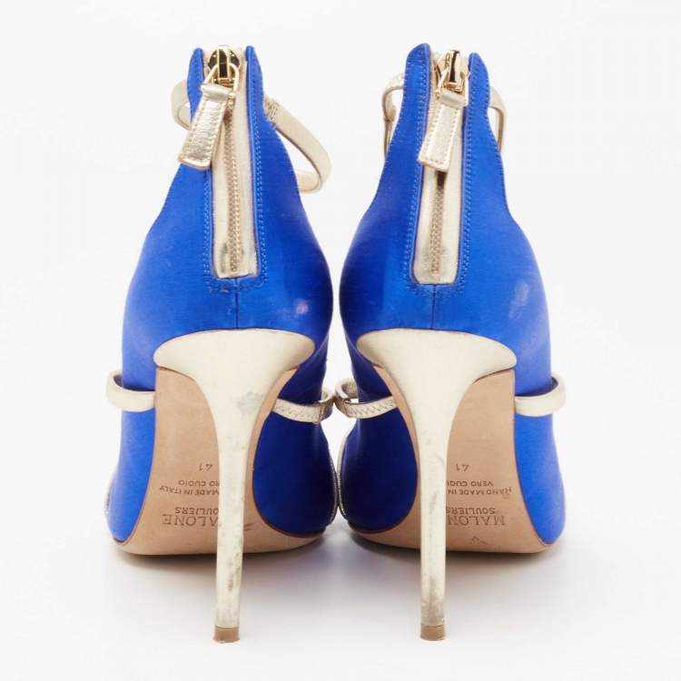Pre Owned Malone Souliers Royal Blue/Gold Satin and Leather Robyn Ankle-Strap Pumps Size 41