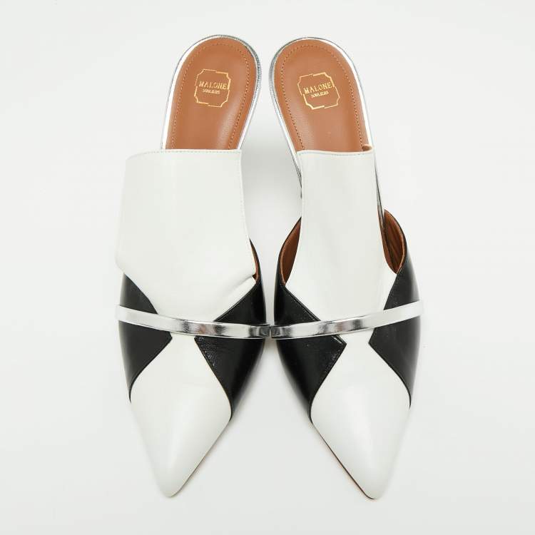 Pre Owned Malone Souliers White/Black Leather Danielle Mules Size 40