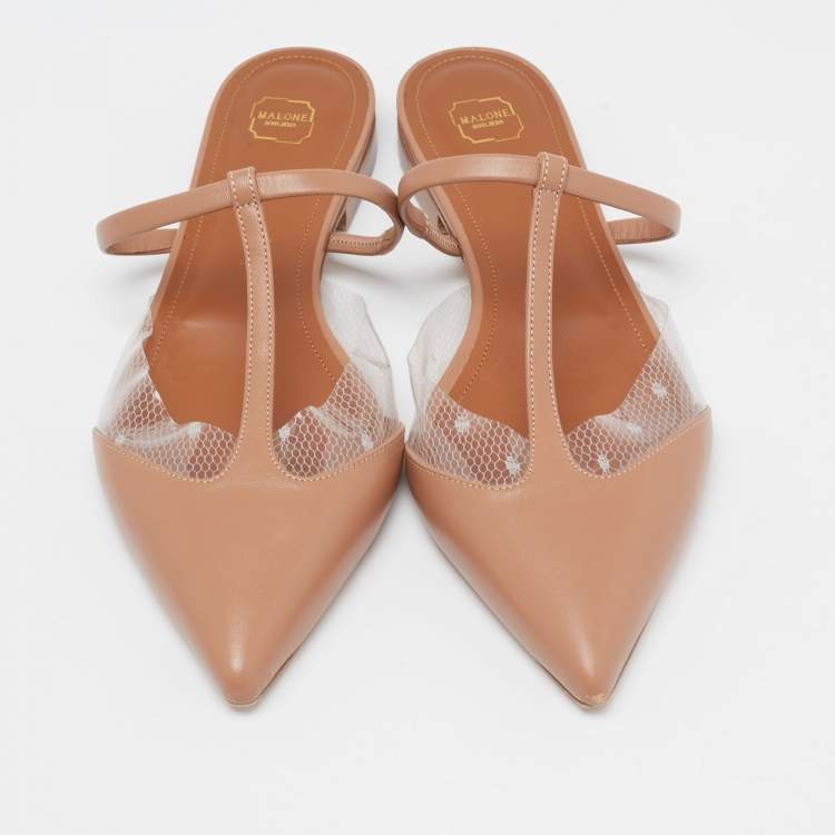 Pre Owned Malone Souliers Light Brown Leather and PVC Ann T-Bar Flats Size 40