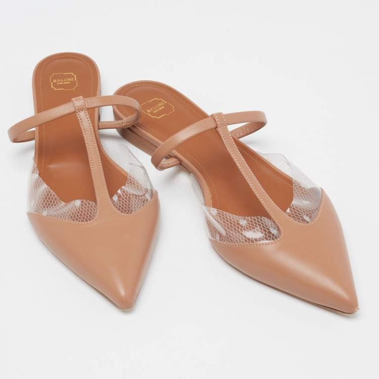 Pre Owned Malone Souliers Light Brown Leather and PVC Ann T-Bar Flats Size 40