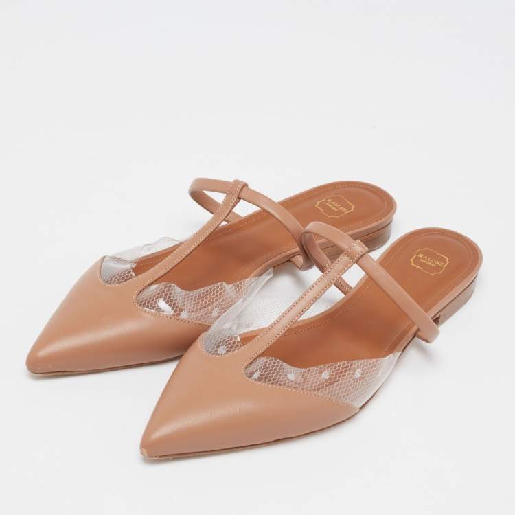 Pre Owned Malone Souliers Light Brown Leather and PVC Ann T-Bar Flats Size 40