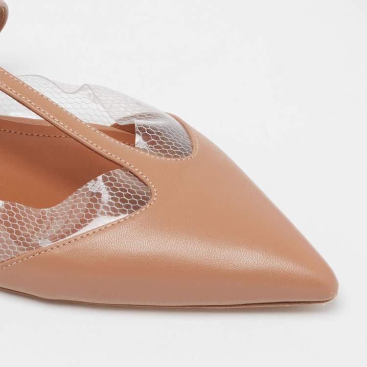 Pre Owned Malone Souliers Light Brown Leather and PVC Ann T-Bar Flats Size 40