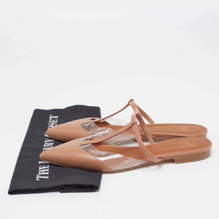 Pre Owned Malone Souliers Light Brown Leather and PVC Ann T-Bar Flats Size 40