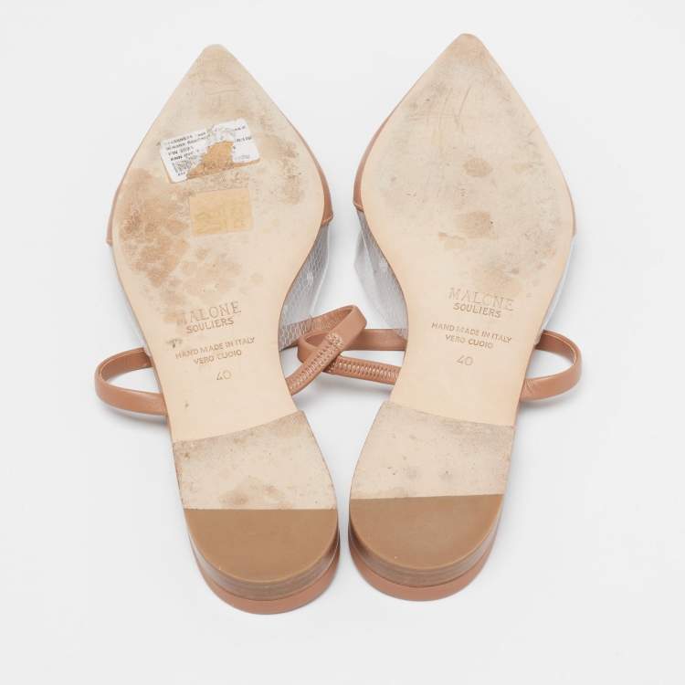 Pre Owned Malone Souliers Light Brown Leather and PVC Ann T-Bar Flats Size 40