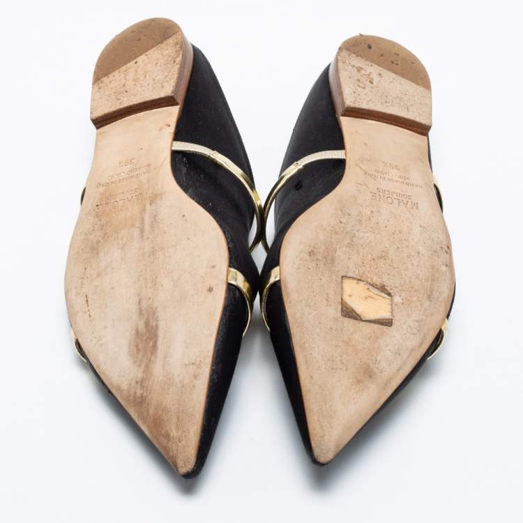 Pre Owned Malone Souliers Black/Gold Satin and Leather Maureen Flat Mules Size 39.5