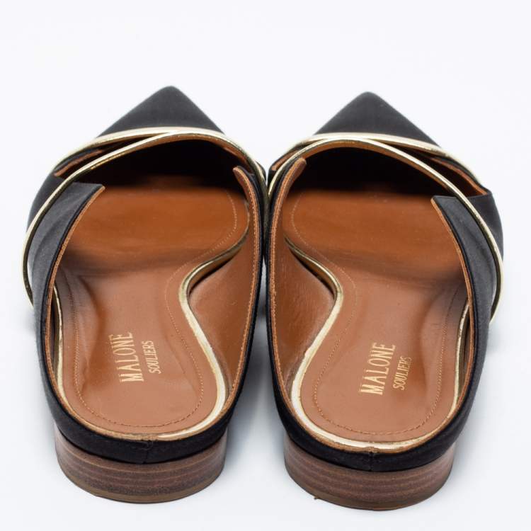 Pre Owned Malone Souliers Black/Gold Satin and Leather Maureen Flat Mules Size 39.5