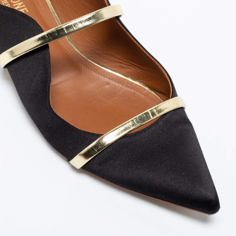 Pre Owned Malone Souliers Black/Gold Satin and Leather Maureen Flat Mules Size 39.5