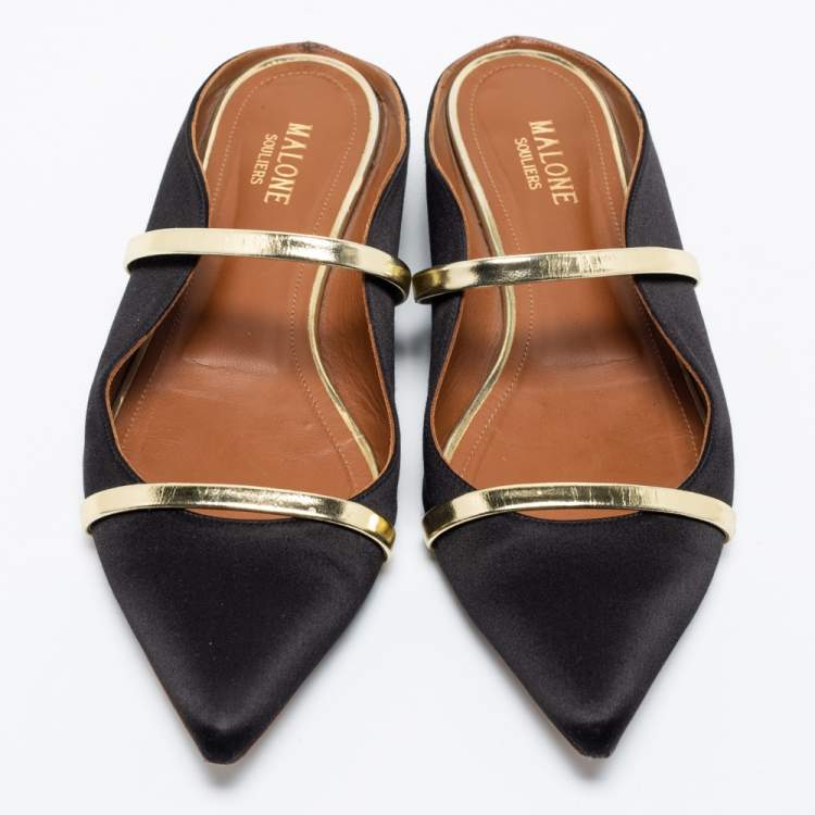 Pre Owned Malone Souliers Black/Gold Satin and Leather Maureen Flat Mules Size 39.5