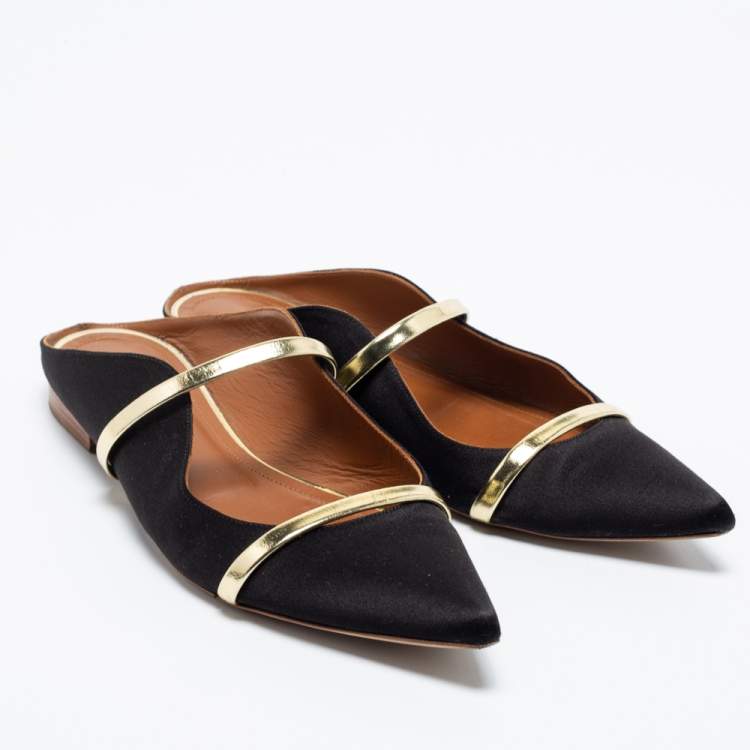 Pre Owned Malone Souliers Black/Gold Satin and Leather Maureen Flat Mules Size 39.5