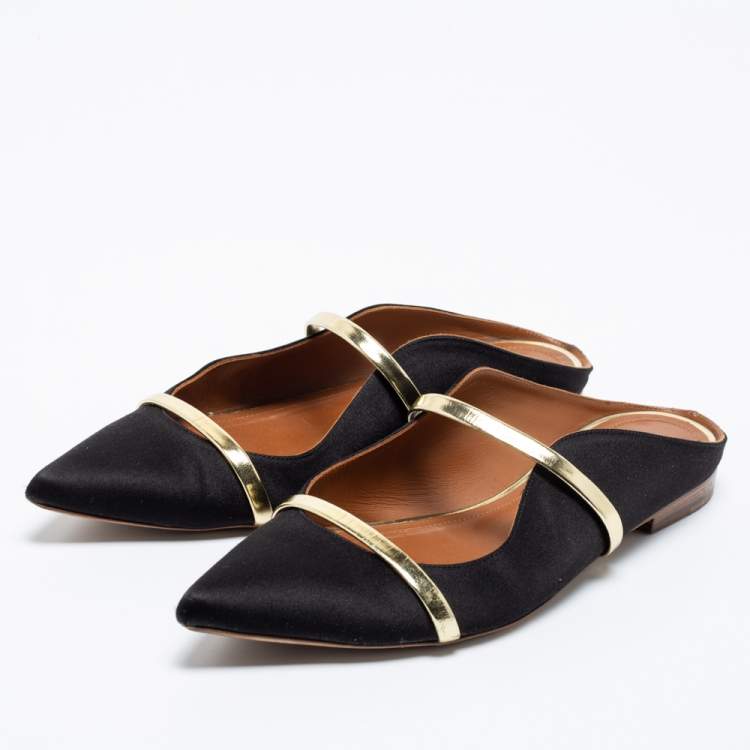 Pre Owned Malone Souliers Black/Gold Satin and Leather Maureen Flat Mules Size 39.5