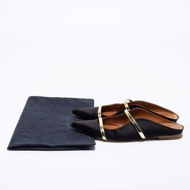 Pre Owned Malone Souliers Black/Gold Satin and Leather Maureen Flat Mules Size 39.5