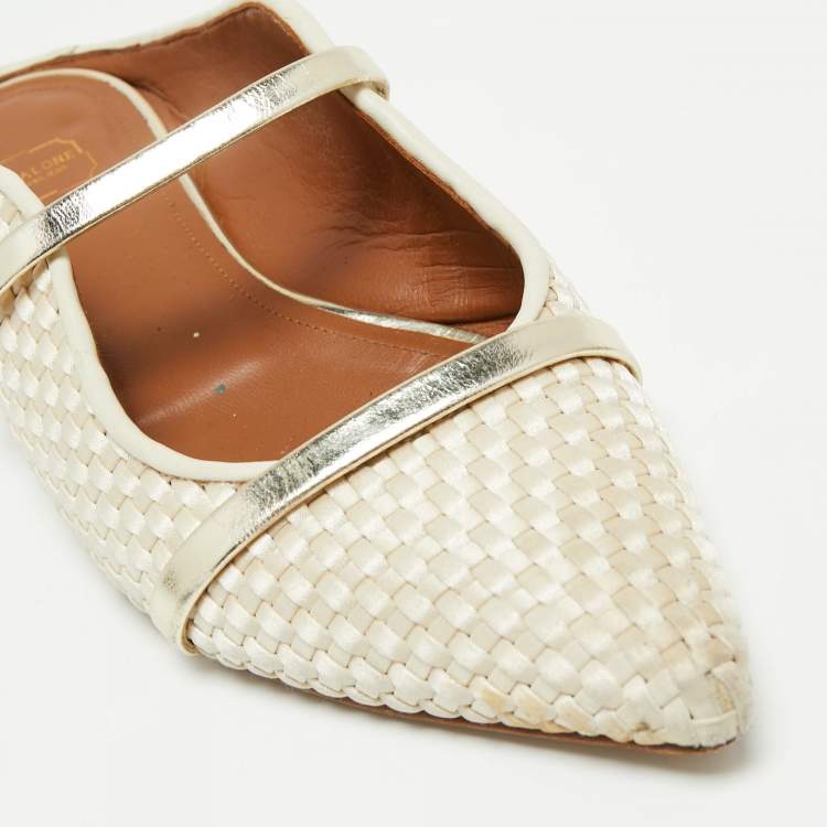 Pre Owned Malone Souliers Cream/Gold Woven Leather Maureen Flats Size 38.5