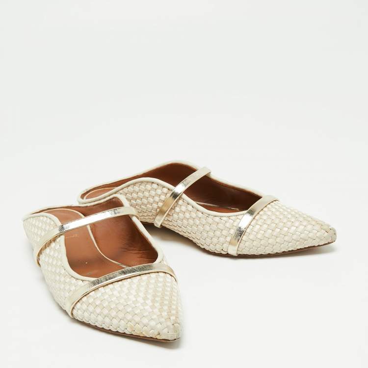 Pre Owned Malone Souliers Cream/Gold Woven Leather Maureen Flats Size 38.5