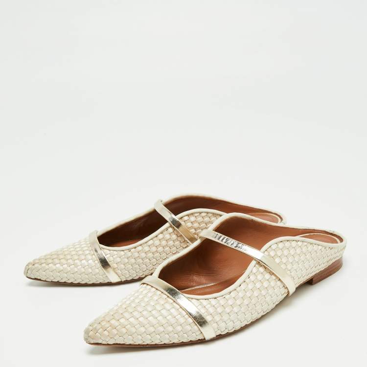 Pre Owned Malone Souliers Cream/Gold Woven Leather Maureen Flats Size 38.5