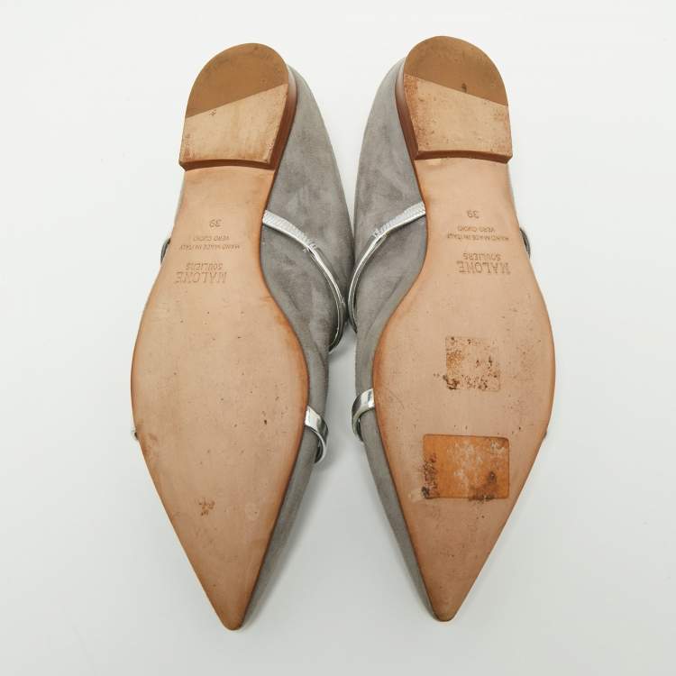Pre Owned Malone Souliers Grey/Silver Suede and Leather Maureen Pointed-Toe Flats Size 39
