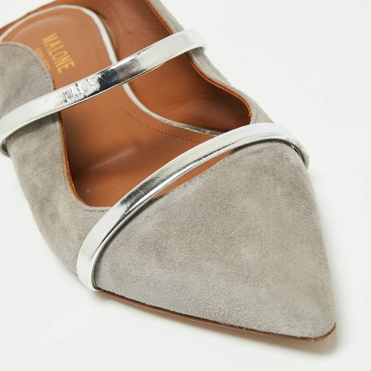 Pre Owned Malone Souliers Grey/Silver Suede and Leather Maureen Pointed-Toe Flats Size 39