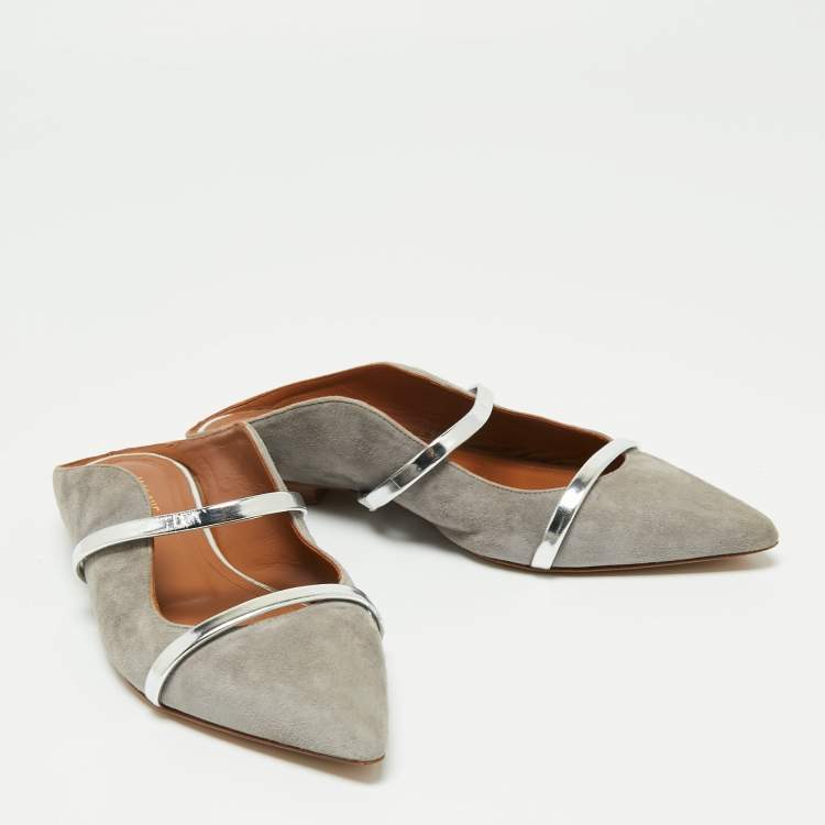 Pre Owned Malone Souliers Grey/Silver Suede and Leather Maureen Pointed-Toe Flats Size 39