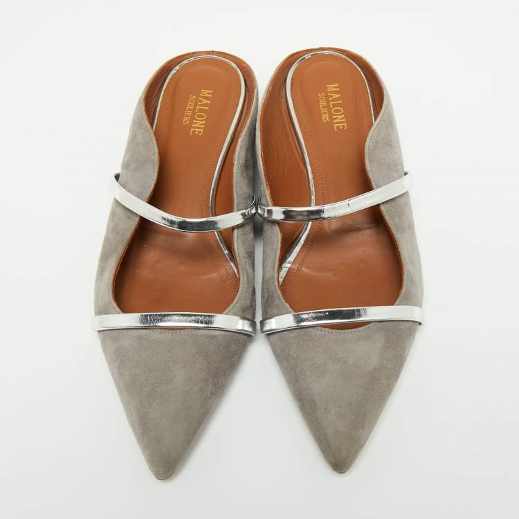 Pre Owned Malone Souliers Grey/Silver Suede and Leather Maureen Pointed-Toe Flats Size 39
