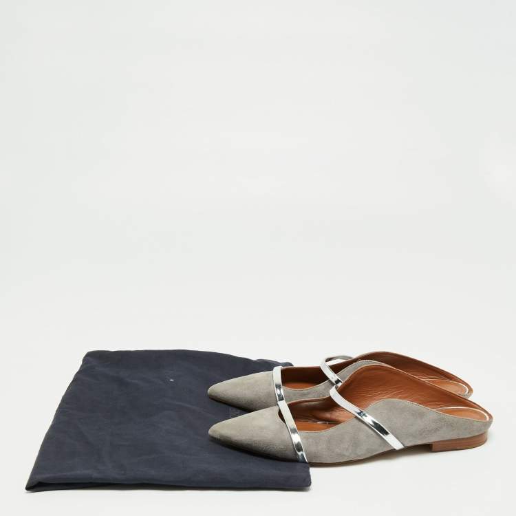 Pre Owned Malone Souliers Grey/Silver Suede and Leather Maureen Pointed-Toe Flats Size 39