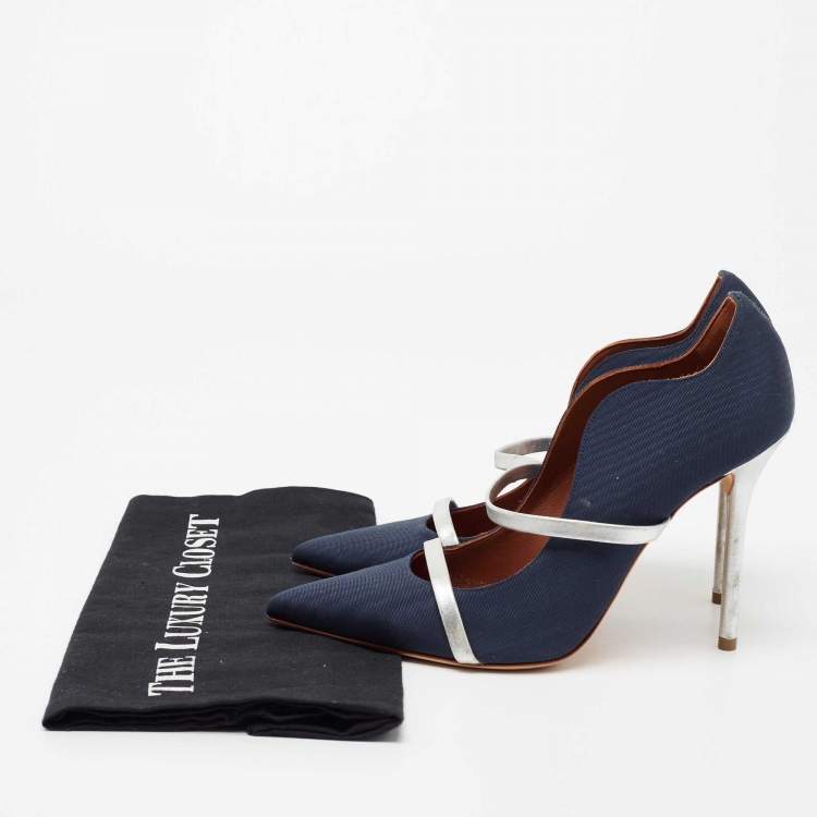 Pre Owned Malone Souliers Navy Blue/Silver Moire Canvas and Leather Maureen Pumps Size 38