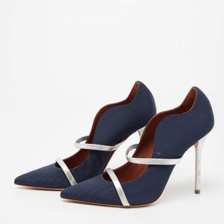 Pre Owned Malone Souliers Navy Blue/Silver Moire Canvas and Leather Maureen Pumps Size 38