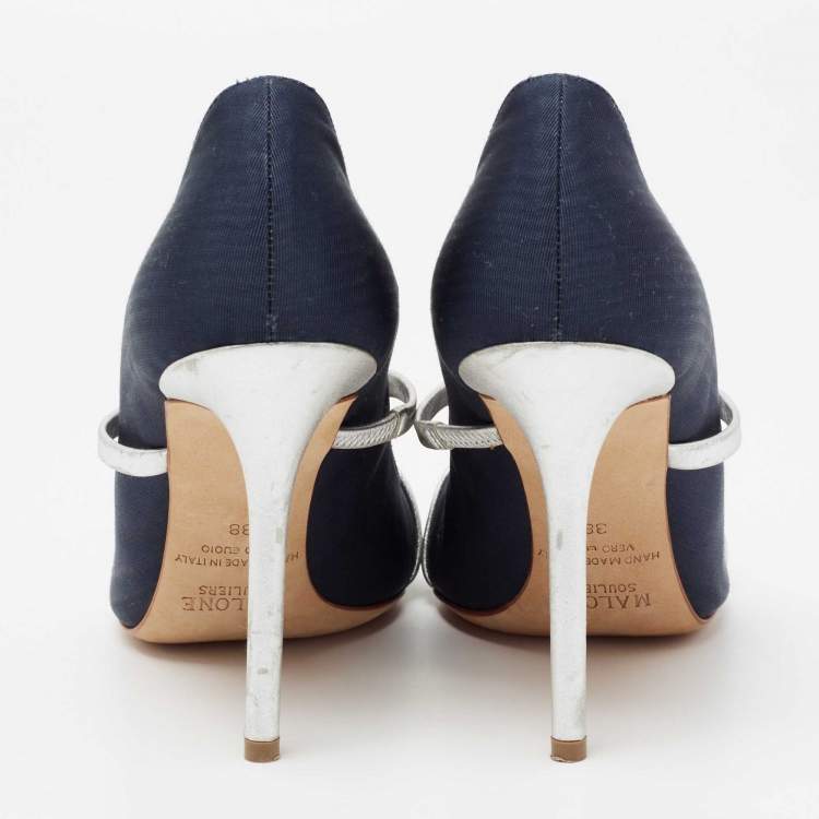 Pre Owned Malone Souliers Navy Blue/Silver Moire Canvas and Leather Maureen Pumps Size 38