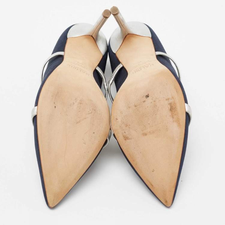 Pre Owned Malone Souliers Navy Blue/Silver Moire Canvas and Leather Maureen Pumps Size 38