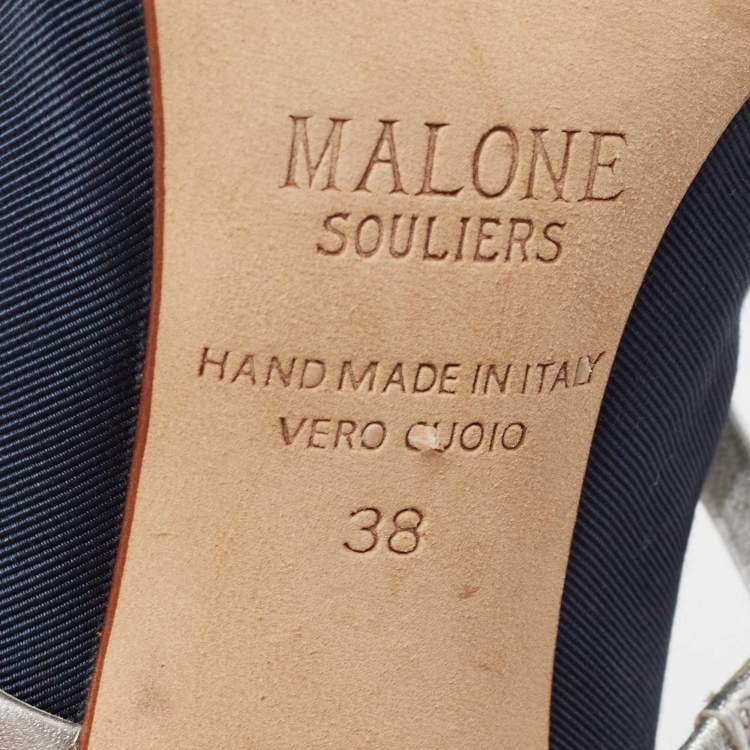 Pre Owned Malone Souliers Navy Blue/Silver Moire Canvas and Leather Maureen Pumps Size 38