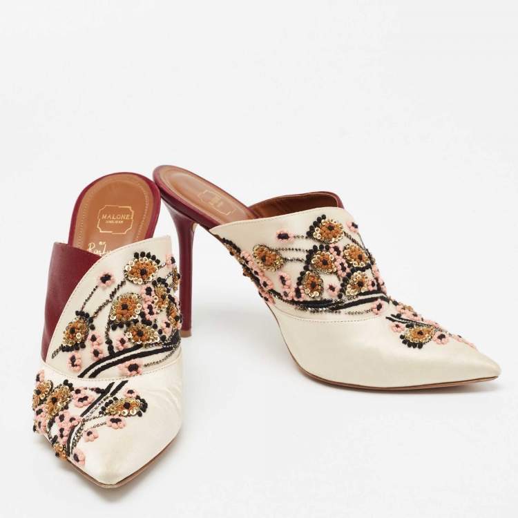 Pre Owned Malone Souliers Off White/Burgundy Satin Floral Embroidered Pointed Toe Mules Size 37