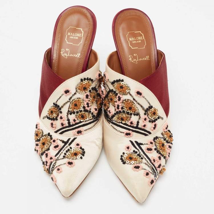 Pre Owned Malone Souliers Off White/Burgundy Satin Floral Embroidered Pointed Toe Mules Size 37