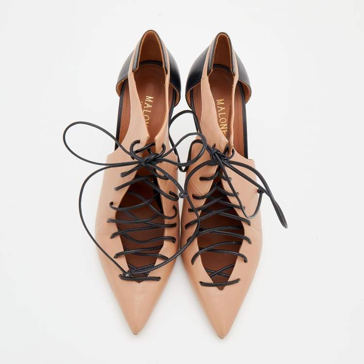 Pre Owned Malone Souliers Beige/Black Leather Pointed Toe Lace Up Booties Size 41