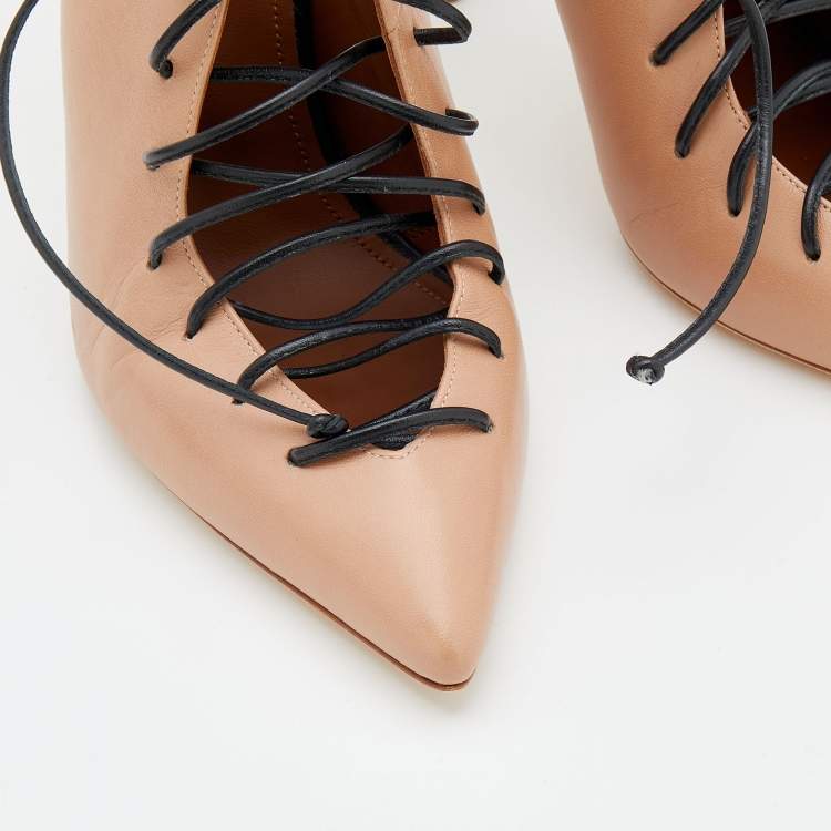 Pre Owned Malone Souliers Beige/Black Leather Pointed Toe Lace Up Booties Size 41