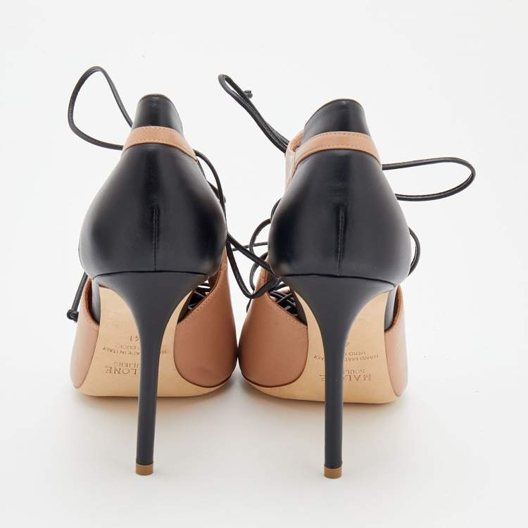 Pre Owned Malone Souliers Beige/Black Leather Pointed Toe Lace Up Booties Size 41