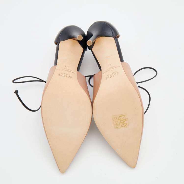Pre Owned Malone Souliers Beige/Black Leather Pointed Toe Lace Up Booties Size 41