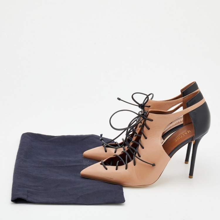 Pre Owned Malone Souliers Beige/Black Leather Pointed Toe Lace Up Booties Size 41