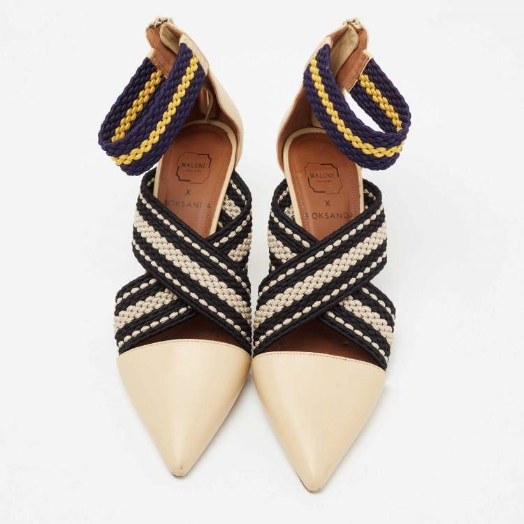 Pre Owned Malone Souliers x Roksanda Beige Leather and Elastic Dana Criss Cross Ankle-Strap Pumps Size 39