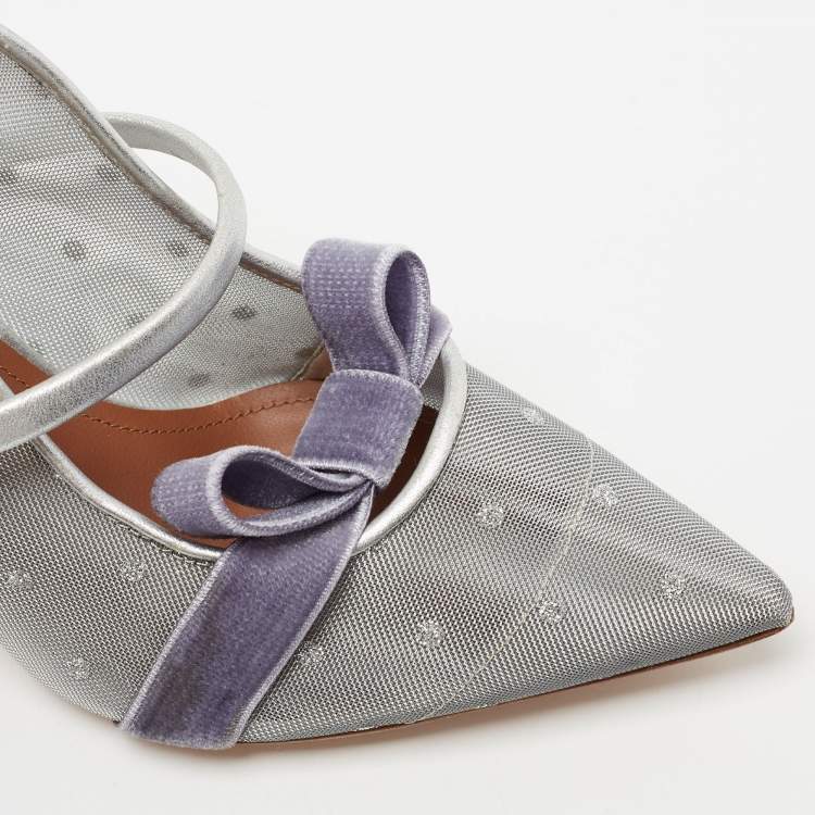 Pre Owned Malone Souliers Silver Mesh And Velvet Marguerite Bow Mules Size 37.5