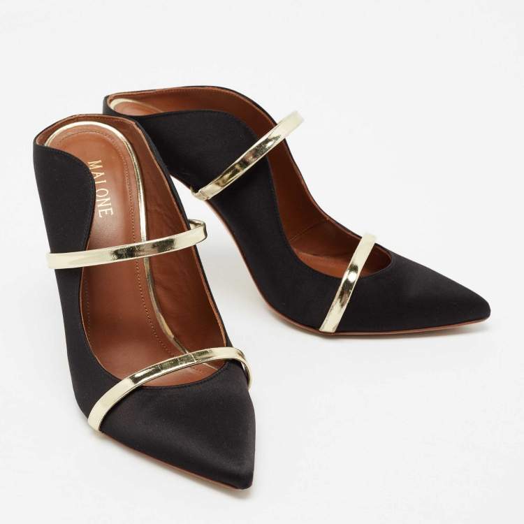 Pre Owned Malone Souliers Black/Gold Satin And Leather Maureen Pointed Toe Mules Size 38