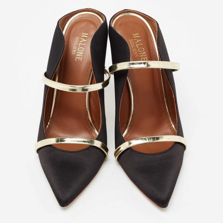 Pre Owned Malone Souliers Black/Gold Satin And Leather Maureen Pointed Toe Mules Size 38