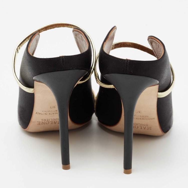 Pre Owned Malone Souliers Black/Gold Satin And Leather Maureen Pointed Toe Mules Size 38