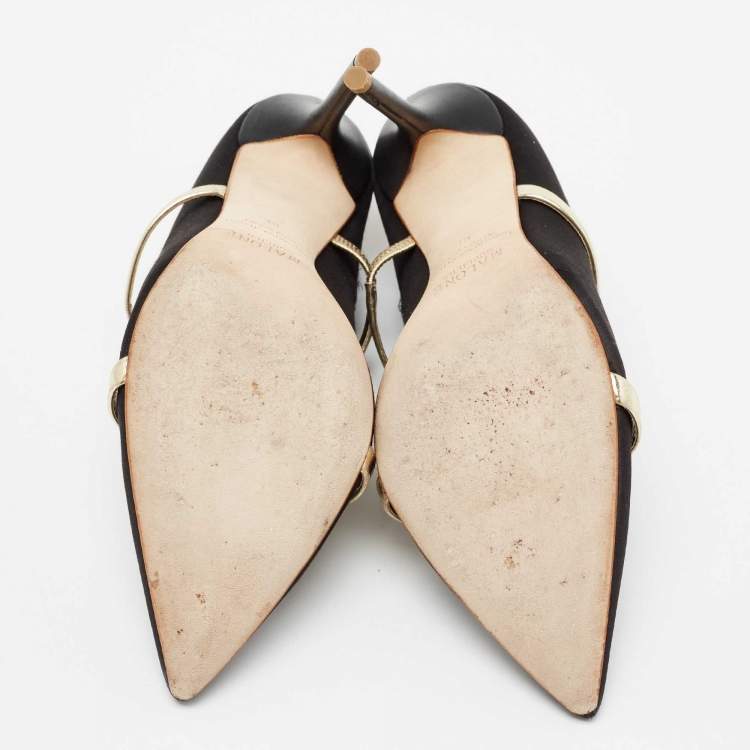 Pre Owned Malone Souliers Black/Gold Satin And Leather Maureen Pointed Toe Mules Size 38