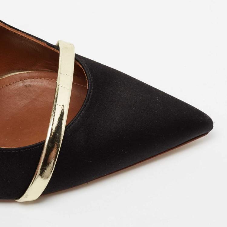 Pre Owned Malone Souliers Black/Gold Satin And Leather Maureen Pointed Toe Mules Size 38