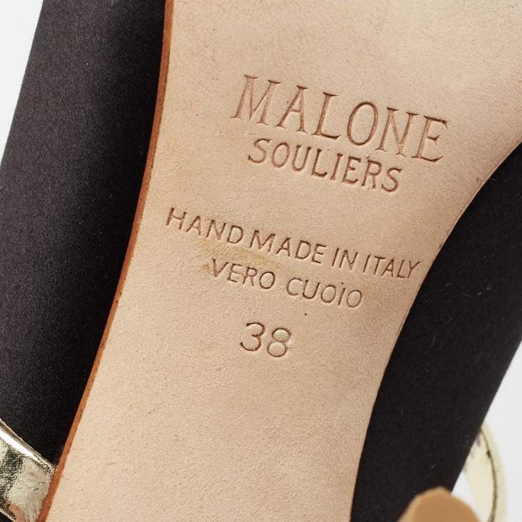 Pre Owned Malone Souliers Black/Gold Satin And Leather Maureen Pointed Toe Mules Size 38