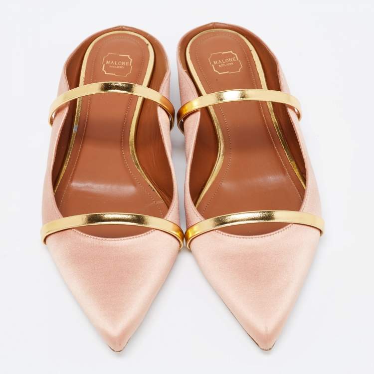 مملوكة مسبقًا Malone Souliers Beige/Gold Satin And Leather Maureen Mules Size 39