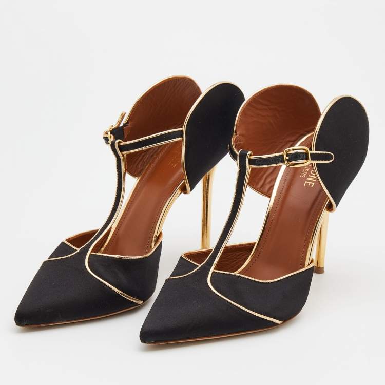 Pre Owned Malone Souliers Black/Gold Satin And Leather Imogen Pointed Toe Sandals Size 40