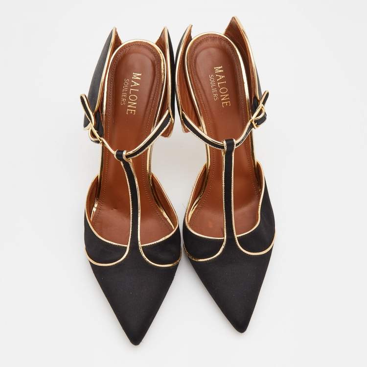 Pre Owned Malone Souliers Black/Gold Satin And Leather Imogen Pointed Toe Sandals Size 40