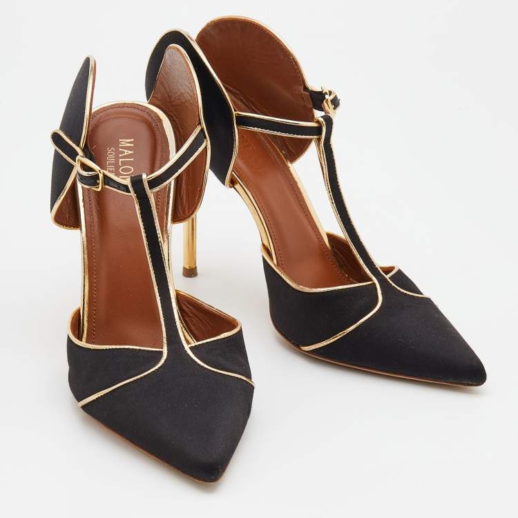 Pre Owned Malone Souliers Black/Gold Satin And Leather Imogen Pointed Toe Sandals Size 40