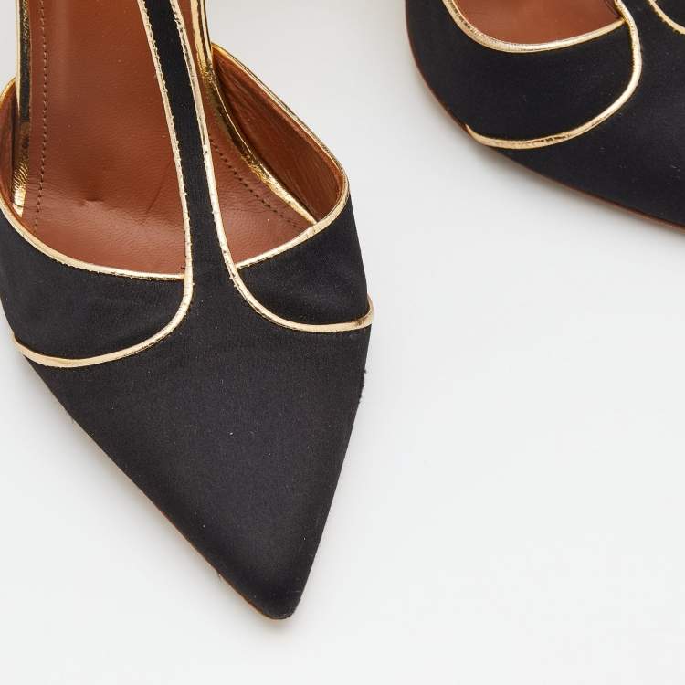 Pre Owned Malone Souliers Black/Gold Satin And Leather Imogen Pointed Toe Sandals Size 40